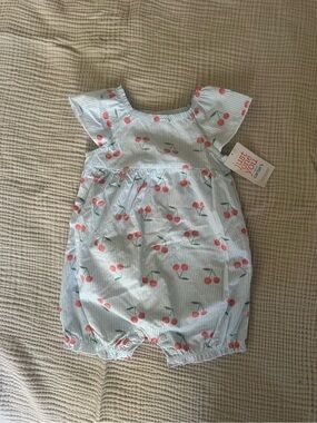 Carter's Cherry Print Striped Baby Romper - Light Blue & Red